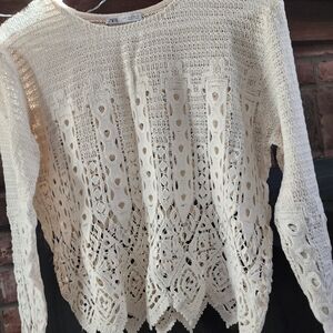 Zara Ivory Crochet Knit Top